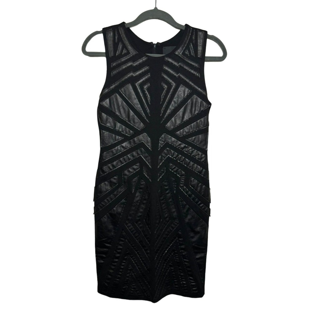 NWT Greylin Black Faux Leather Women Dress Geometric Pattern Sleeveless Sz Small